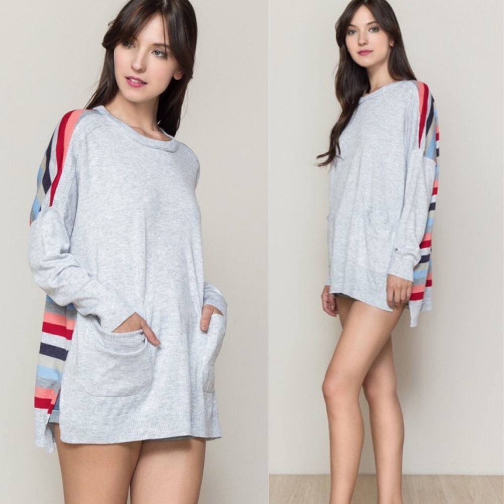 Heather Gray Oversized Sweater with Colorful Striped Back